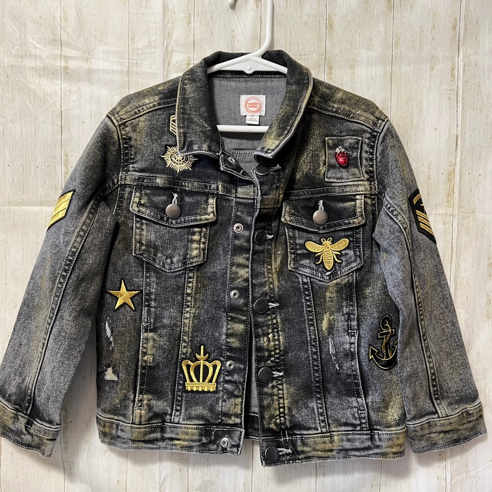 Wonder Nation Distressed Black Jean Jacket with Gold Patches